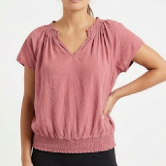 Tops - Relaxed Old Rose Plain Boho Neutral Chic Cuffed Sleeve‎ Smocked Blouse Sz L